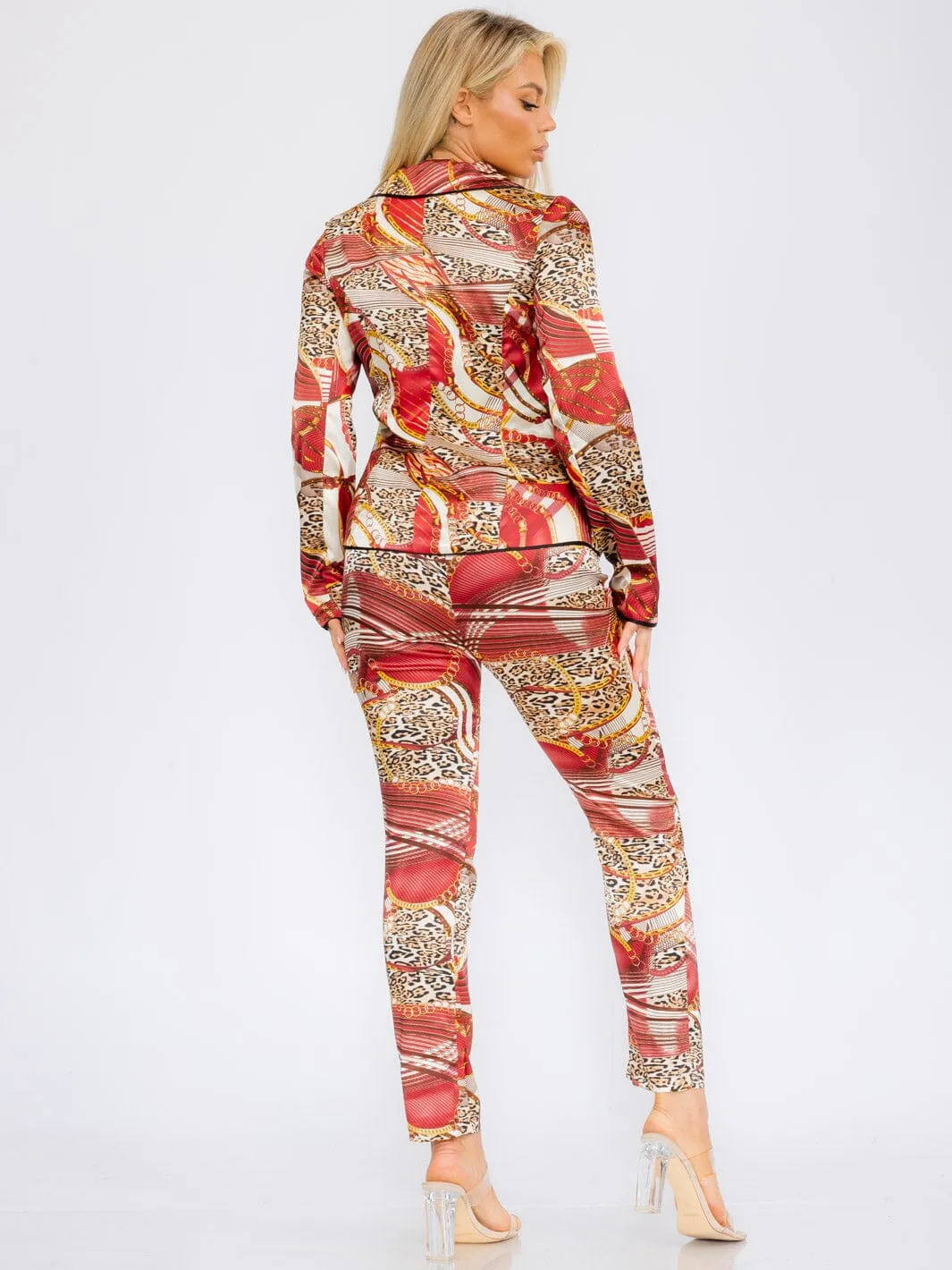 WOMEN'S LONG SLEEVE BLAZER WITH CROP TOP & BUTTON CLOSURE PANTS MULTI PRINT 3PC SET