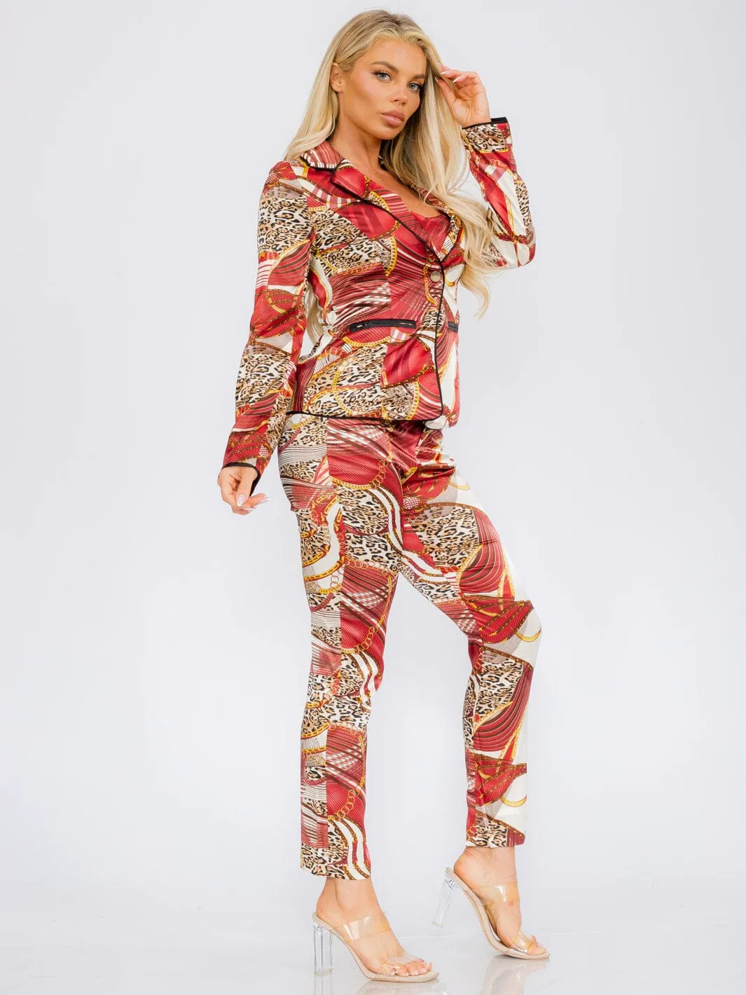 WOMEN'S LONG SLEEVE BLAZER WITH CROP TOP & BUTTON CLOSURE PANTS MULTI PRINT 3PC SET
