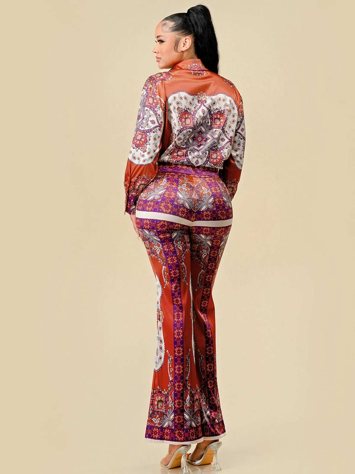 WOMEN'S LONG SLEEVE BLOUSE & BELL LEG PANTS MULTI PRINT 2PC. SET