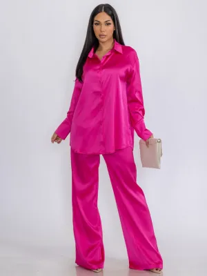 WOMEN'S LONG SLEEVE BLOUSE & BUTTON CLOSURE PANTS SATIN 2PC.SET