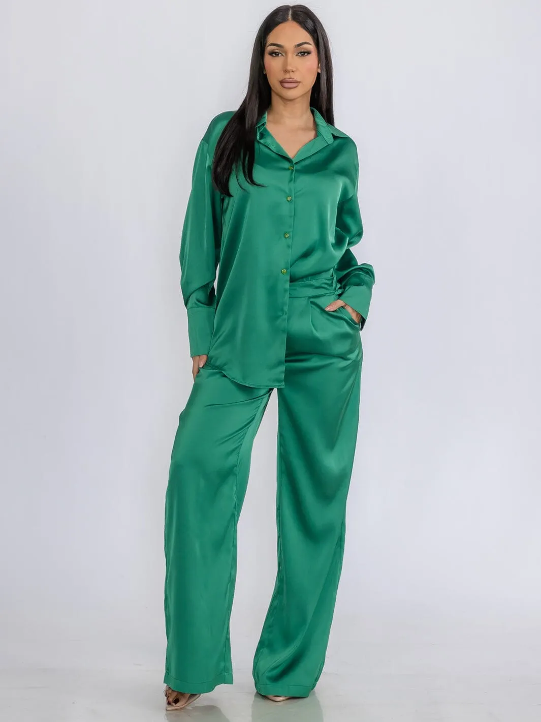 WOMEN'S LONG SLEEVE BLOUSE & BUTTON CLOSURE PANTS SATIN 2PC.SET