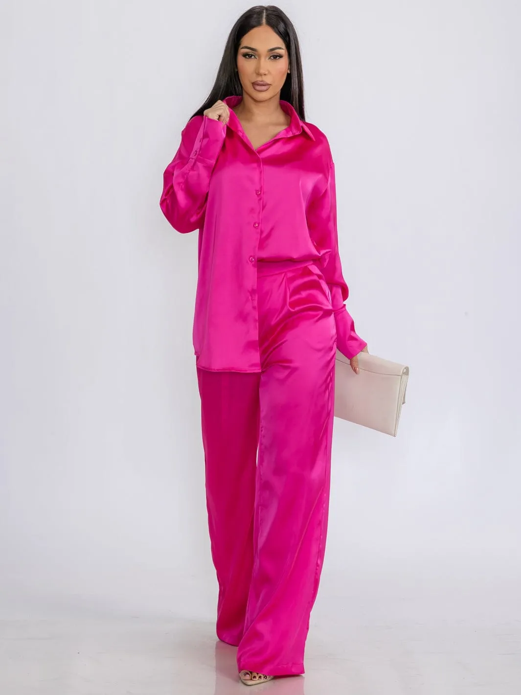 WOMEN'S LONG SLEEVE BLOUSE & BUTTON CLOSURE PANTS SATIN 2PC.SET
