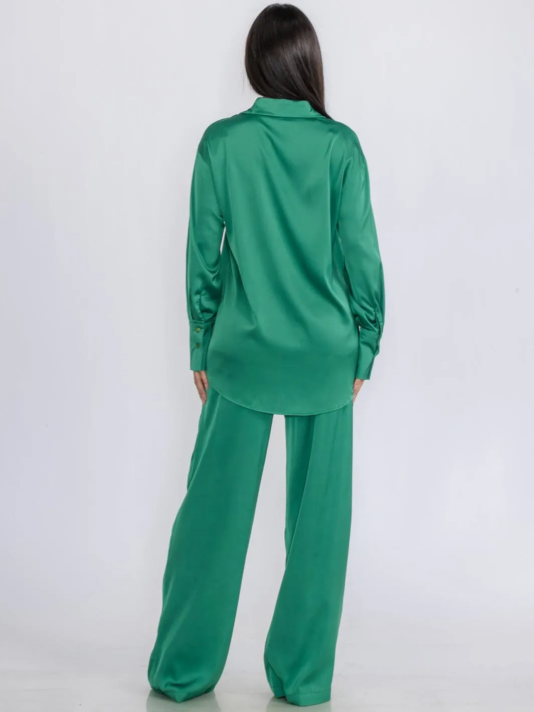 WOMEN'S LONG SLEEVE BLOUSE & BUTTON CLOSURE PANTS SATIN 2PC.SET