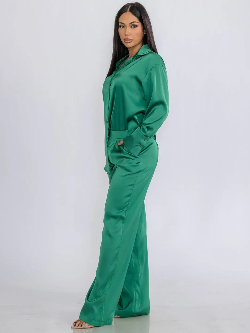 WOMEN'S LONG SLEEVE BLOUSE & BUTTON CLOSURE PANTS SATIN 2PC.SET