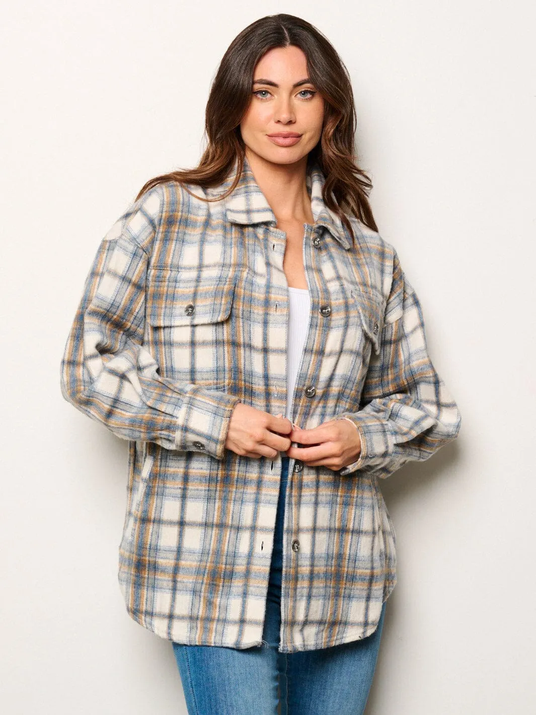 WOMEN'S LONG SLEEVE BUTTON CLOSURE POCKETS PLAID JACKET
