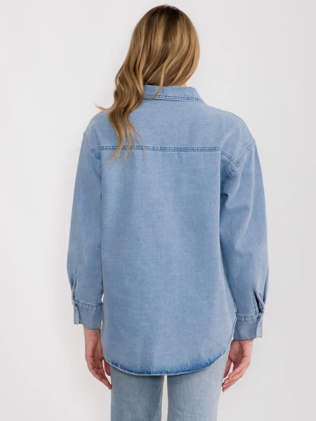 WOMEN'S LONG SLEEVE BUTTON UP FRINGE POCKETS DENIM HIGH-LOW DENIM SHACKET