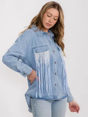 WOMEN'S LONG SLEEVE BUTTON UP FRINGE POCKETS DENIM HIGH-LOW DENIM SHACKET