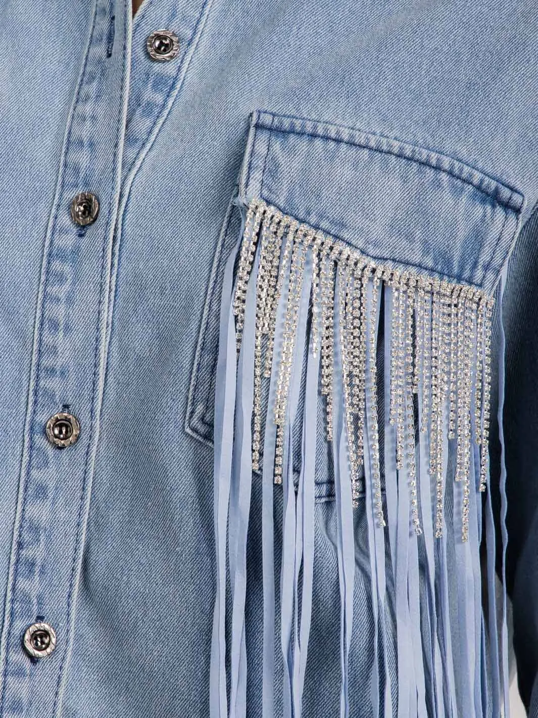 WOMEN'S LONG SLEEVE BUTTON UP FRINGE POCKETS DENIM HIGH-LOW DENIM SHACKET