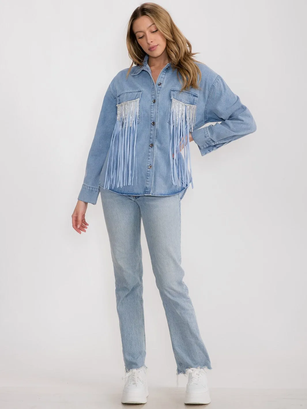 WOMEN'S LONG SLEEVE BUTTON UP FRINGE POCKETS DENIM HIGH-LOW DENIM SHACKET
