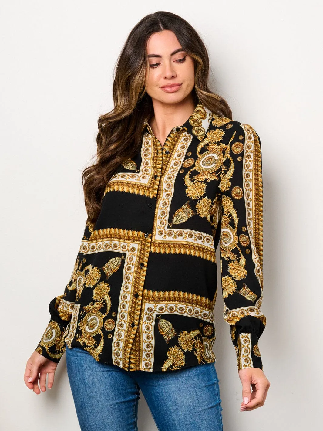 WOMEN'S LONG SLEEVE BUTTON UP MULTI PRINT BLOUSE TOP