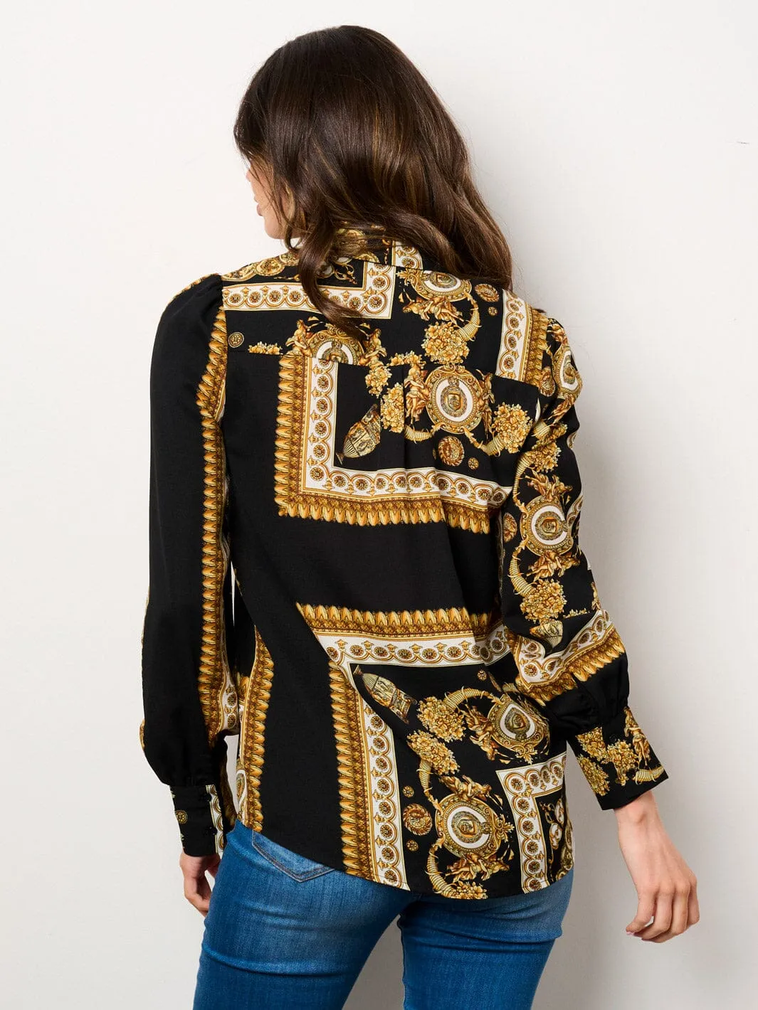 WOMEN'S LONG SLEEVE BUTTON UP MULTI PRINT BLOUSE TOP