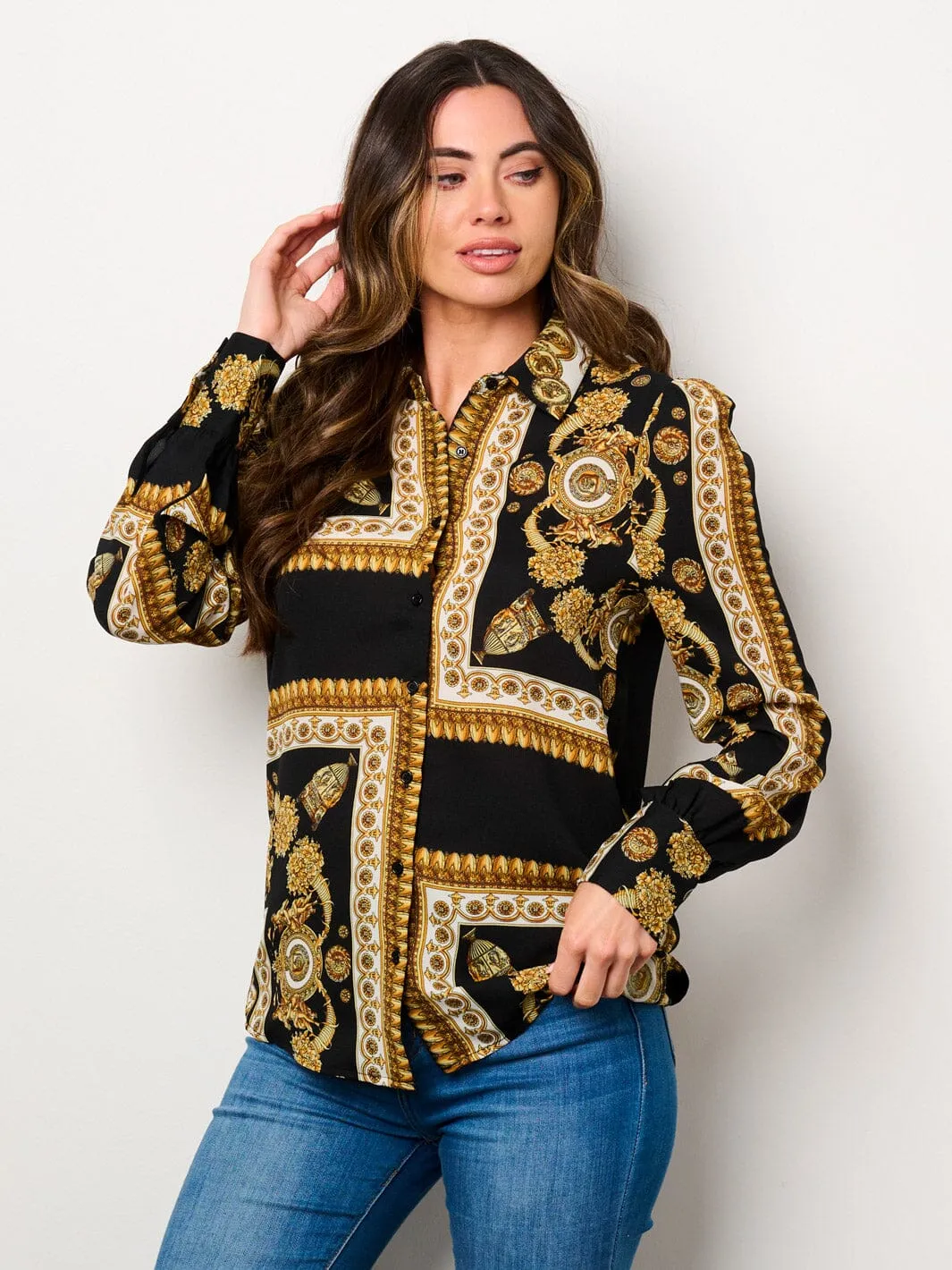 WOMEN'S LONG SLEEVE BUTTON UP MULTI PRINT BLOUSE TOP