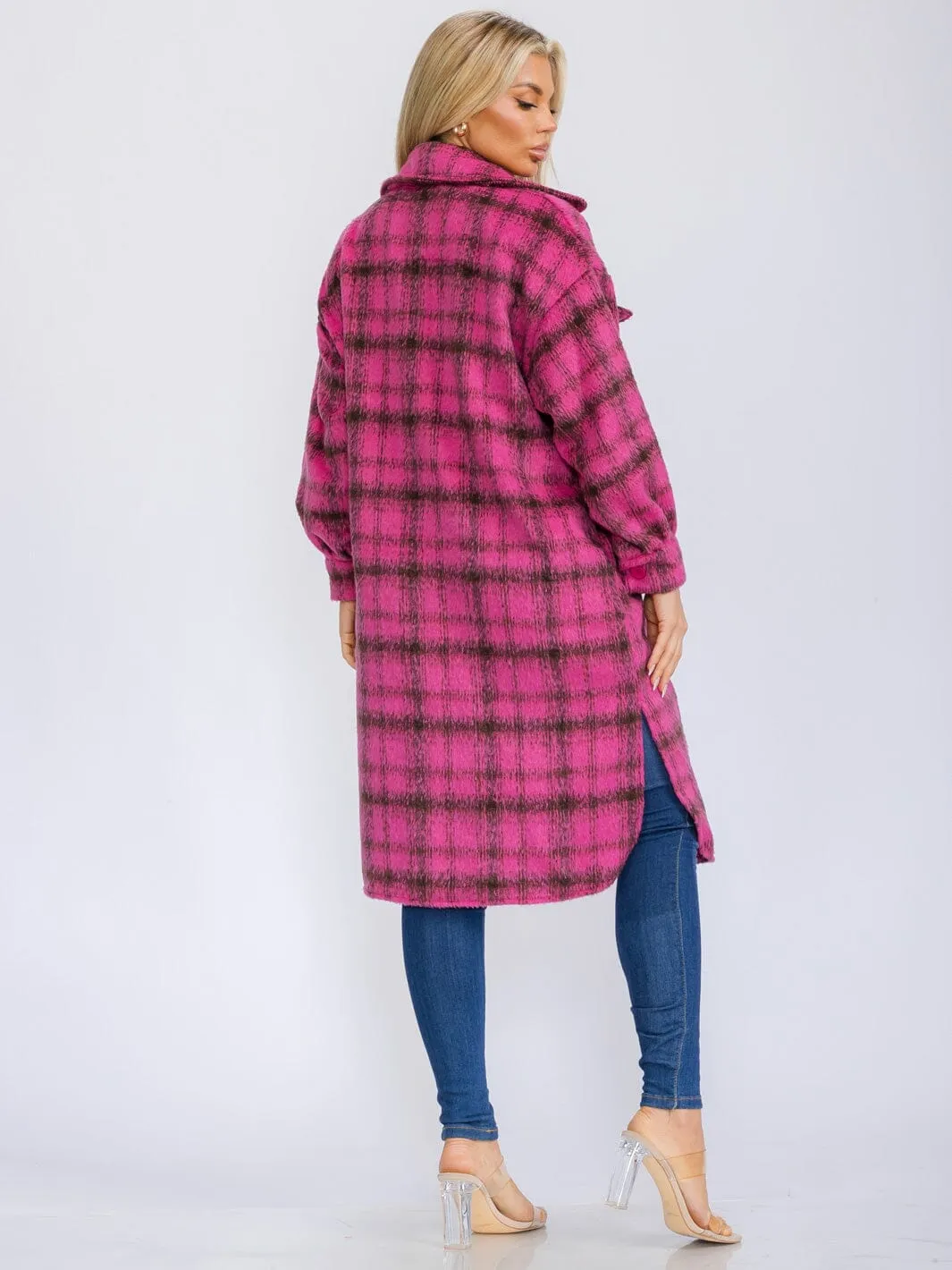 WOMEN'S LONG SLEEVE BUTTON UP POCKETS PLAID COAT
