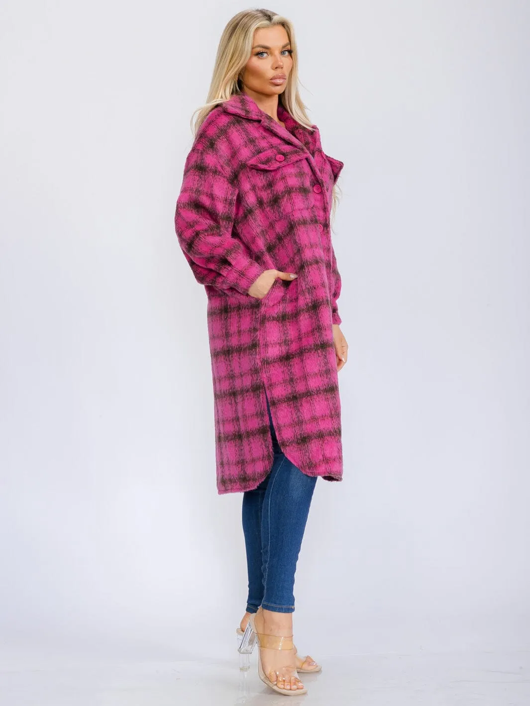 WOMEN'S LONG SLEEVE BUTTON UP POCKETS PLAID COAT