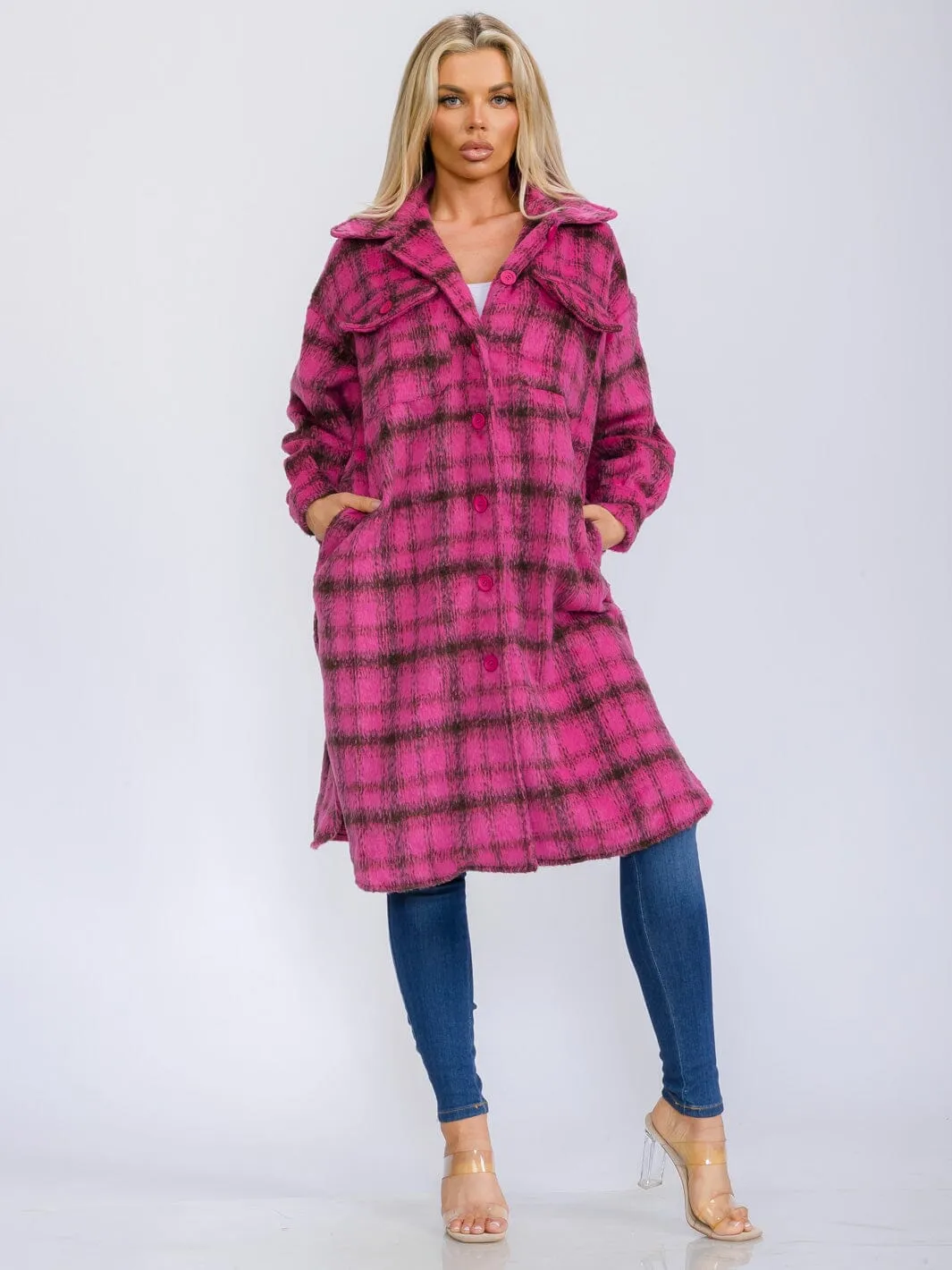 WOMEN'S LONG SLEEVE BUTTON UP POCKETS PLAID COAT