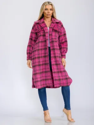 WOMEN'S LONG SLEEVE BUTTON UP POCKETS PLAID COAT