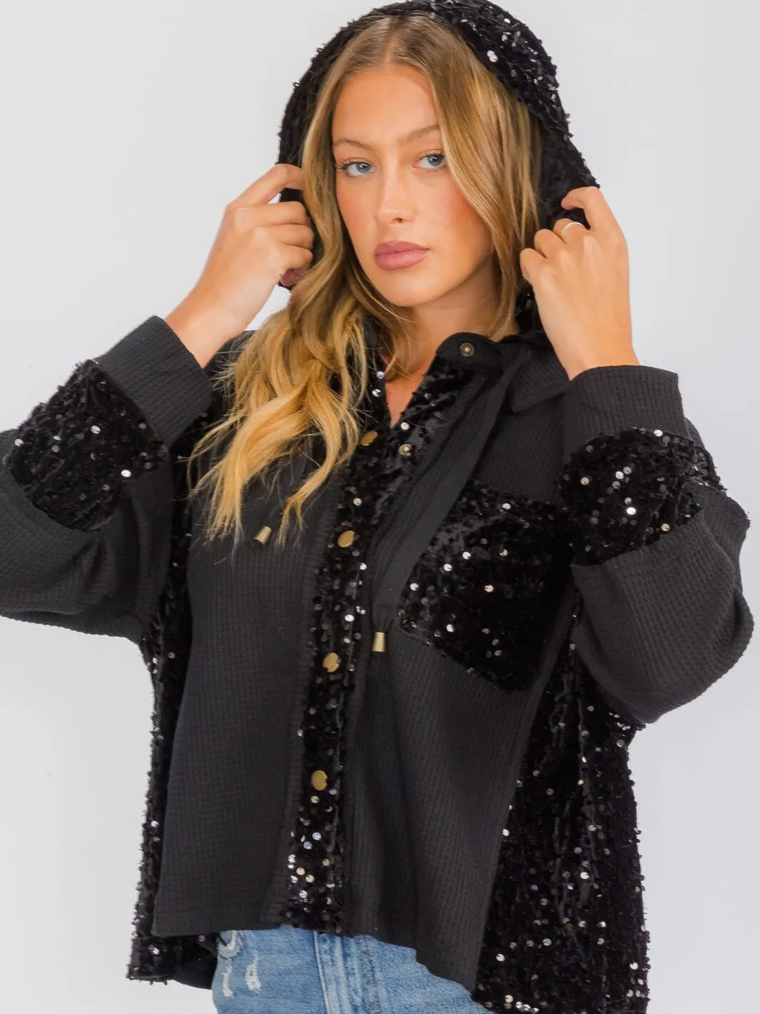 WOMEN'S LONG SLEEVE BUTTON UP POCKETS  SEQUINS CONTRAST HOODED SWEATER
