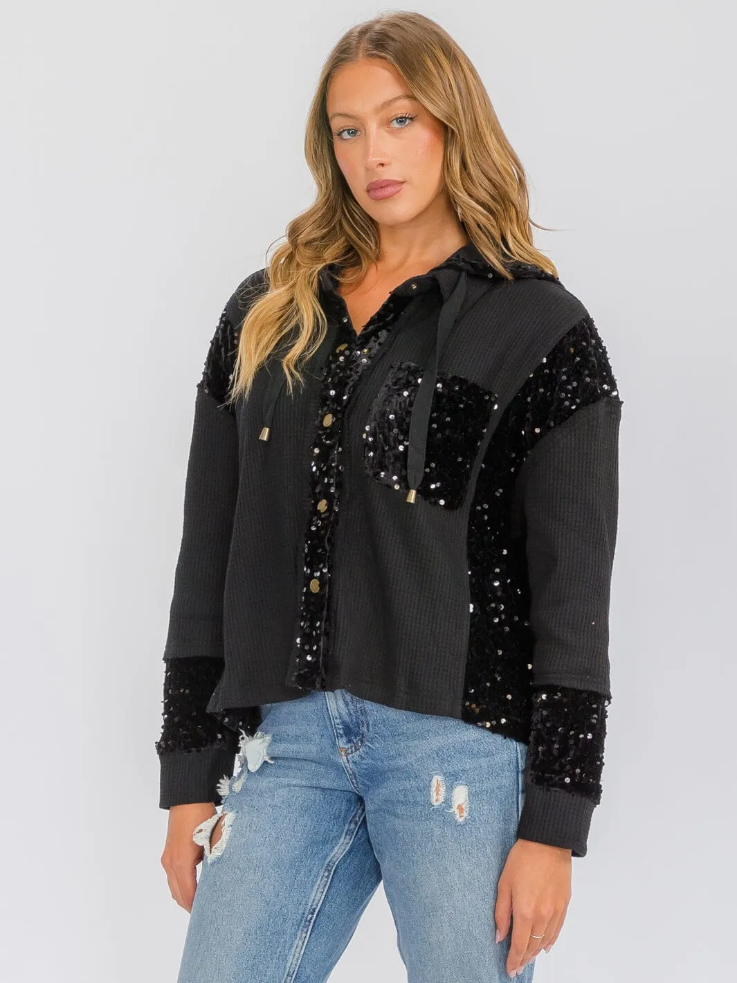WOMEN'S LONG SLEEVE BUTTON UP POCKETS  SEQUINS CONTRAST HOODED SWEATER