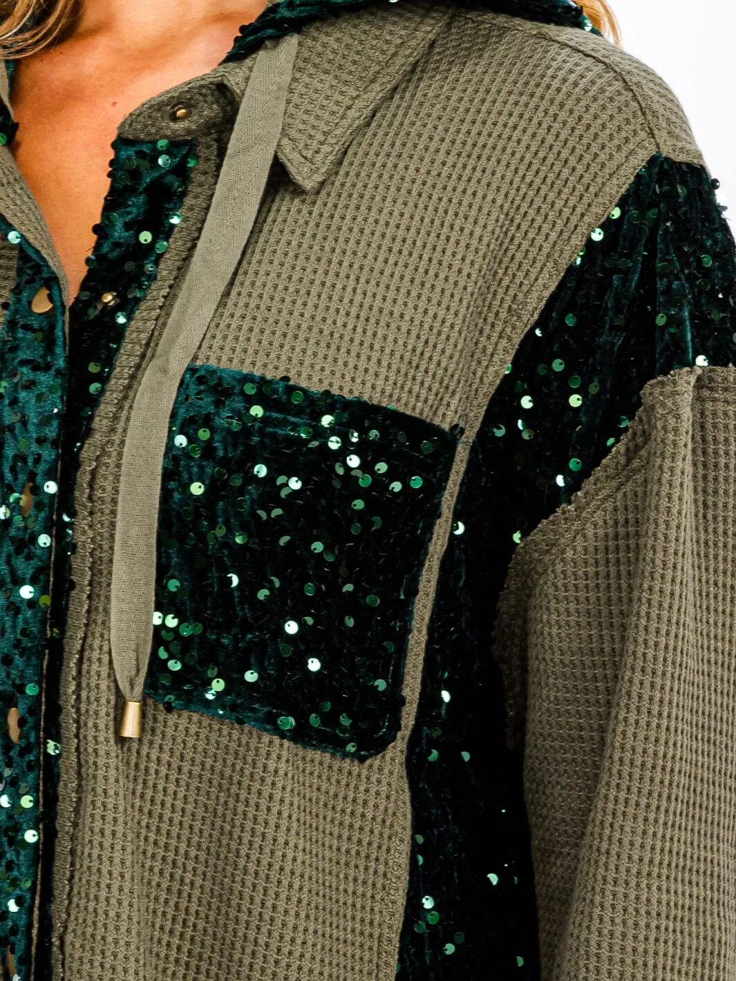 WOMEN'S LONG SLEEVE BUTTON UP POCKETS  SEQUINS CONTRAST HOODED SWEATER