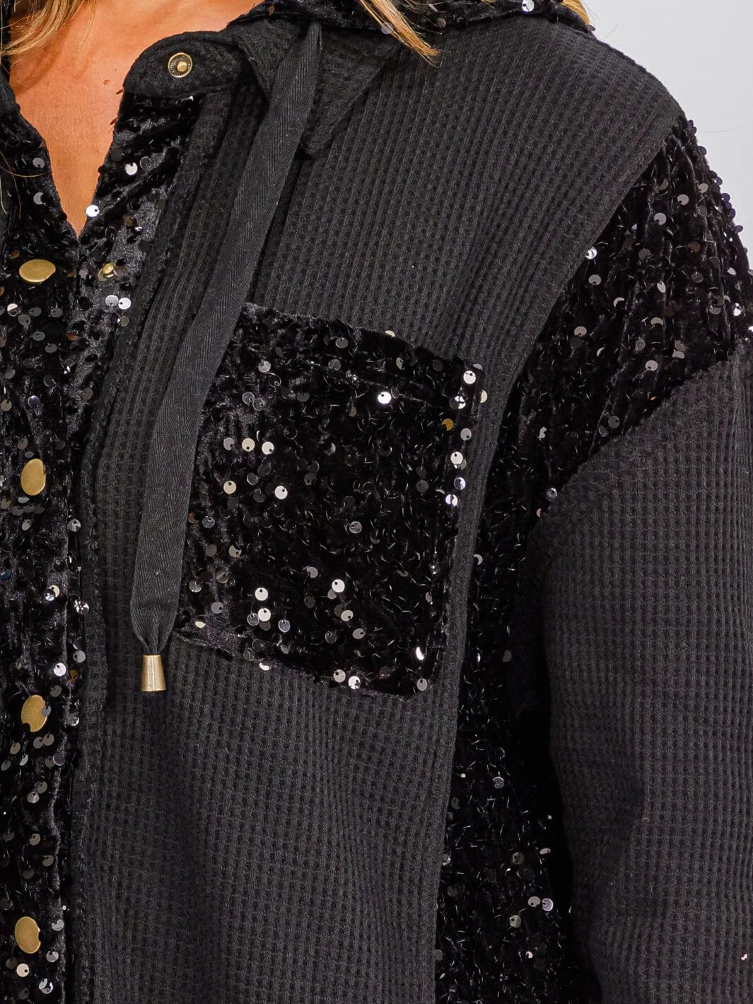WOMEN'S LONG SLEEVE BUTTON UP POCKETS  SEQUINS CONTRAST HOODED SWEATER