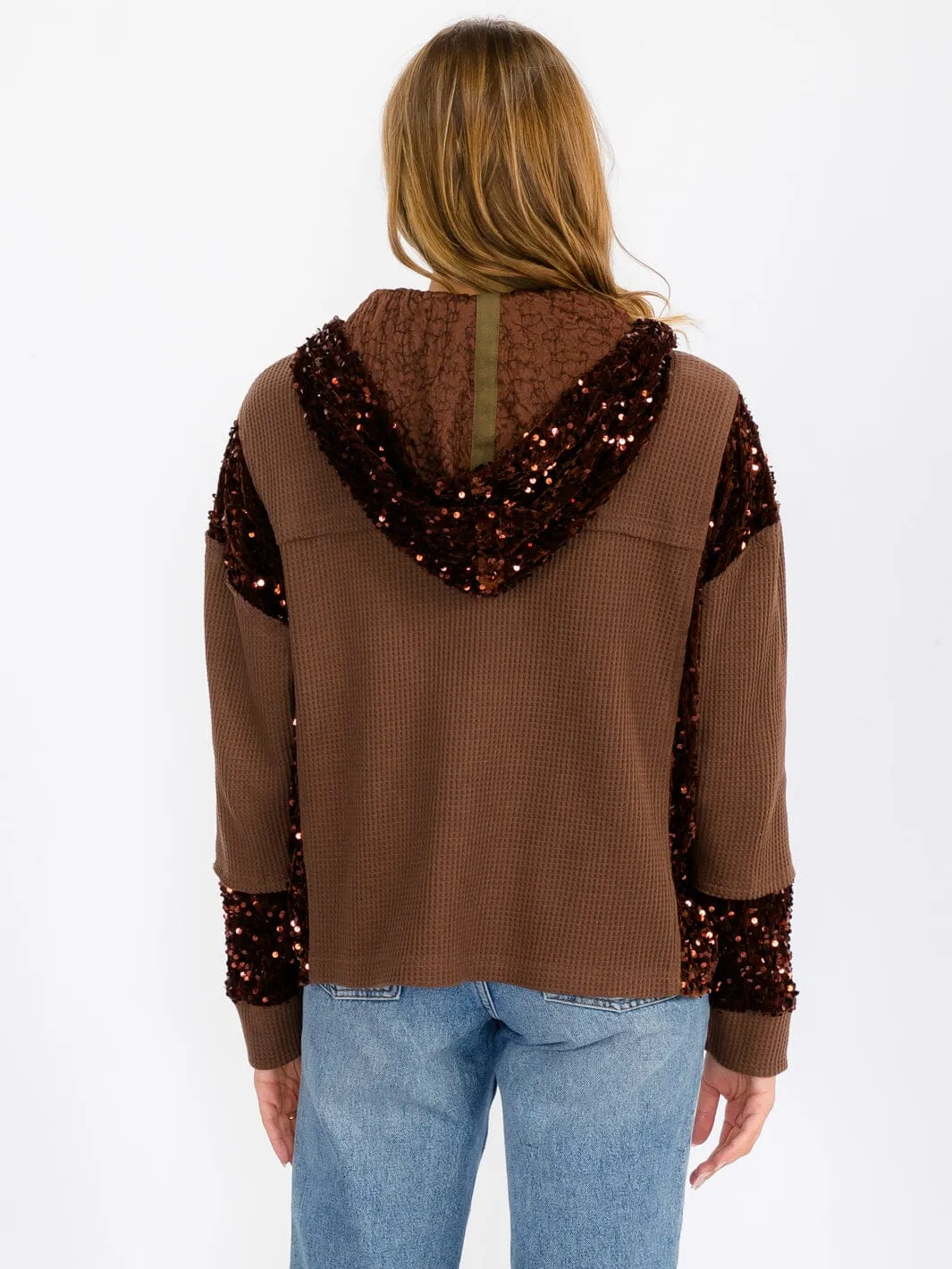 WOMEN'S LONG SLEEVE BUTTON UP POCKETS  SEQUINS CONTRAST HOODED SWEATER