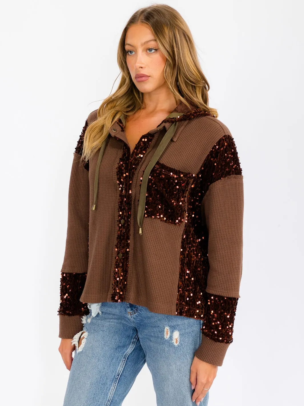 WOMEN'S LONG SLEEVE BUTTON UP POCKETS  SEQUINS CONTRAST HOODED SWEATER