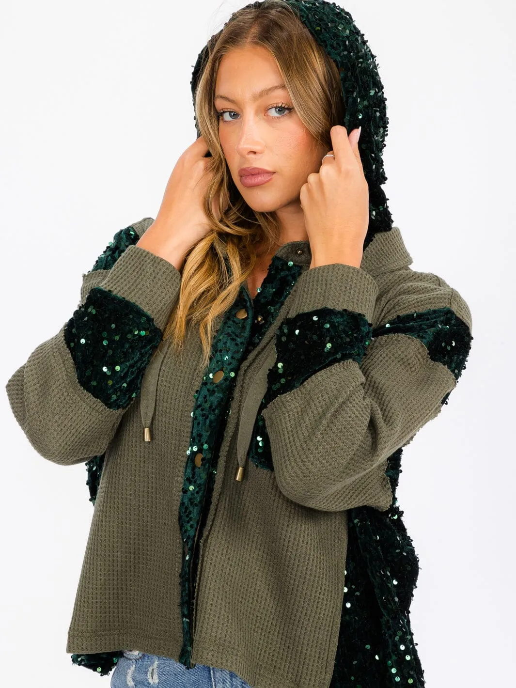 WOMEN'S LONG SLEEVE BUTTON UP POCKETS  SEQUINS CONTRAST HOODED SWEATER
