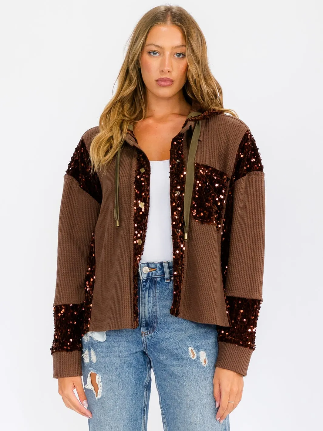 WOMEN'S LONG SLEEVE BUTTON UP POCKETS  SEQUINS CONTRAST HOODED SWEATER