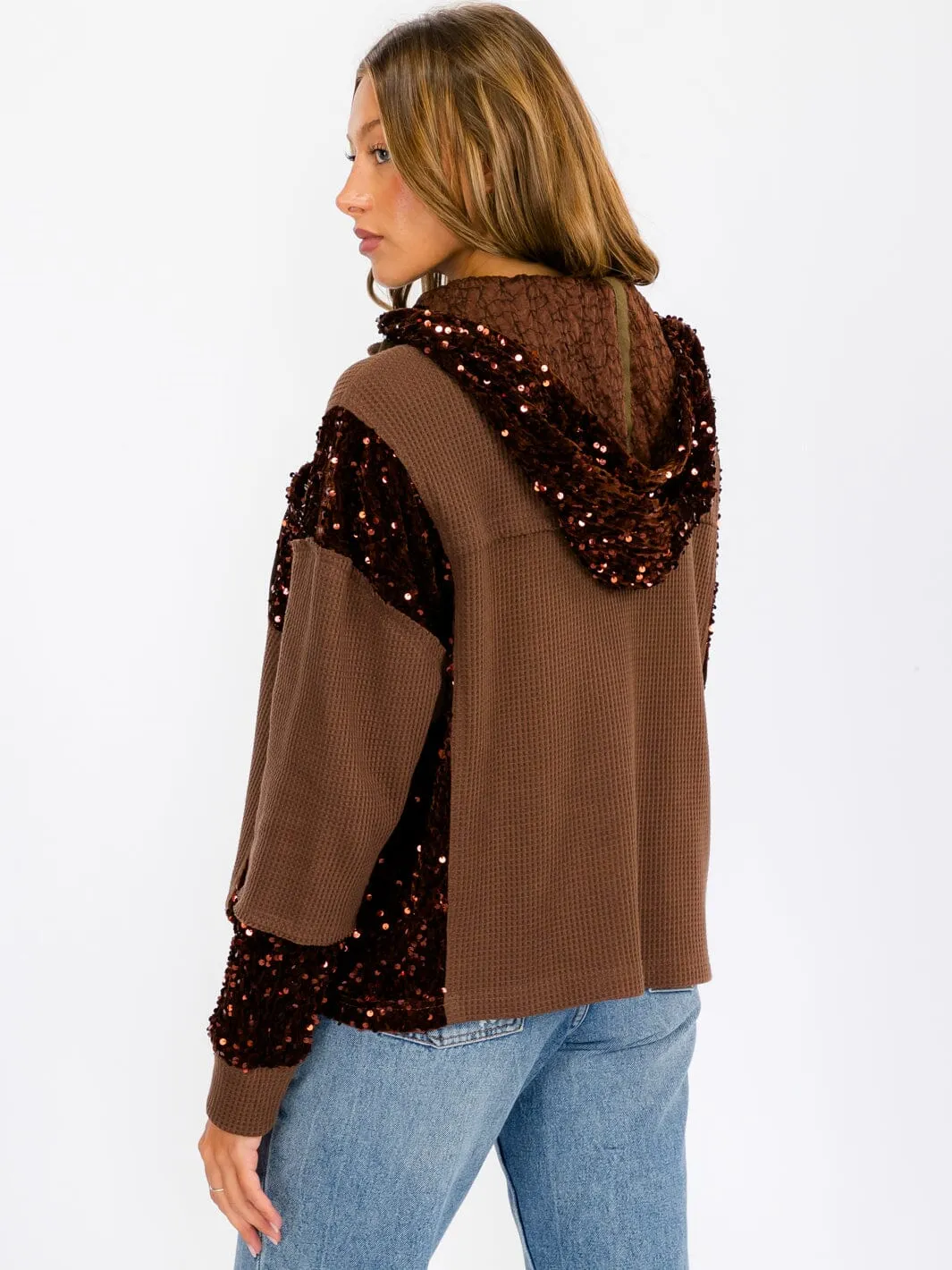 WOMEN'S LONG SLEEVE BUTTON UP POCKETS  SEQUINS CONTRAST HOODED SWEATER