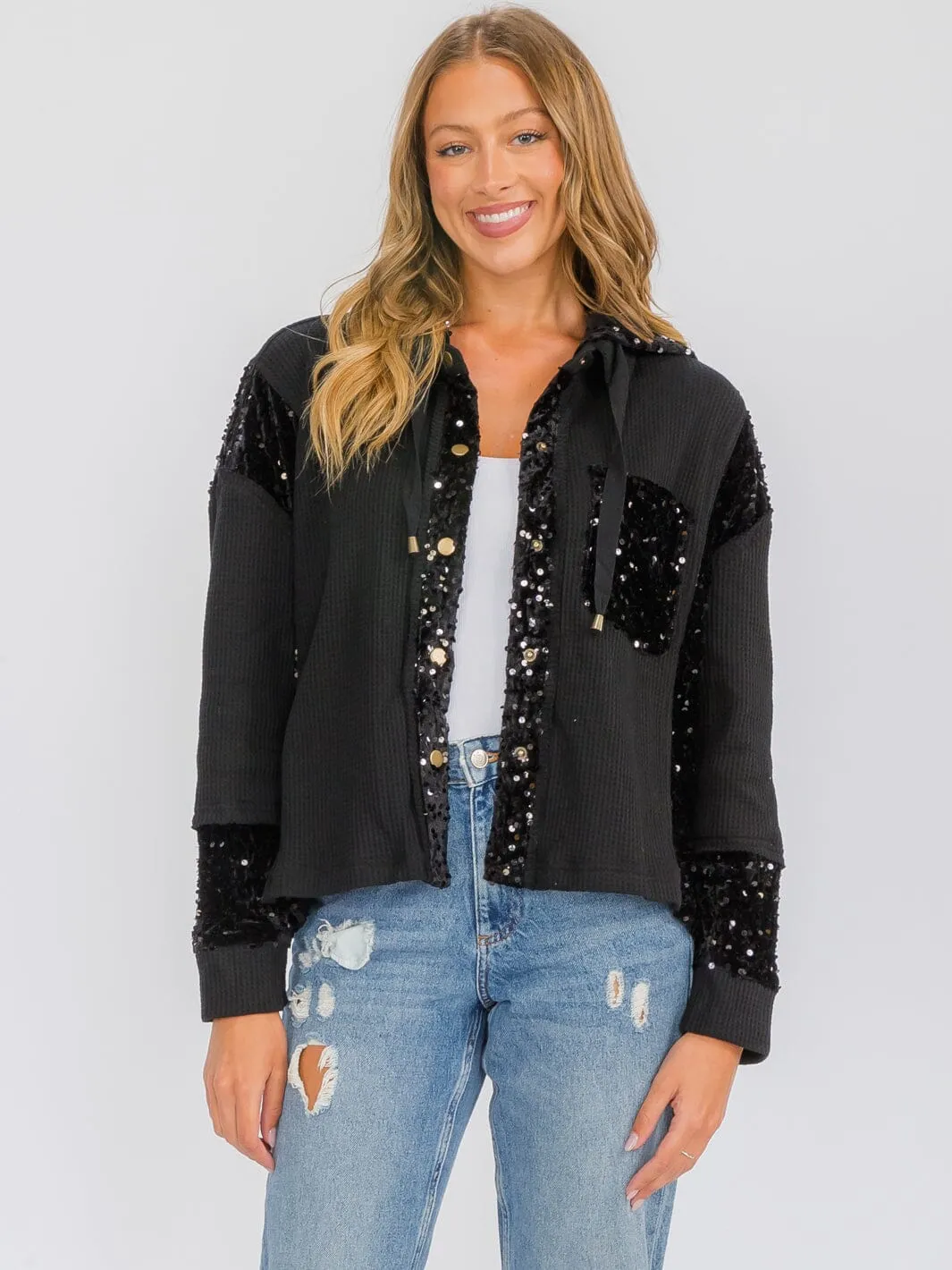 WOMEN'S LONG SLEEVE BUTTON UP POCKETS  SEQUINS CONTRAST HOODED SWEATER