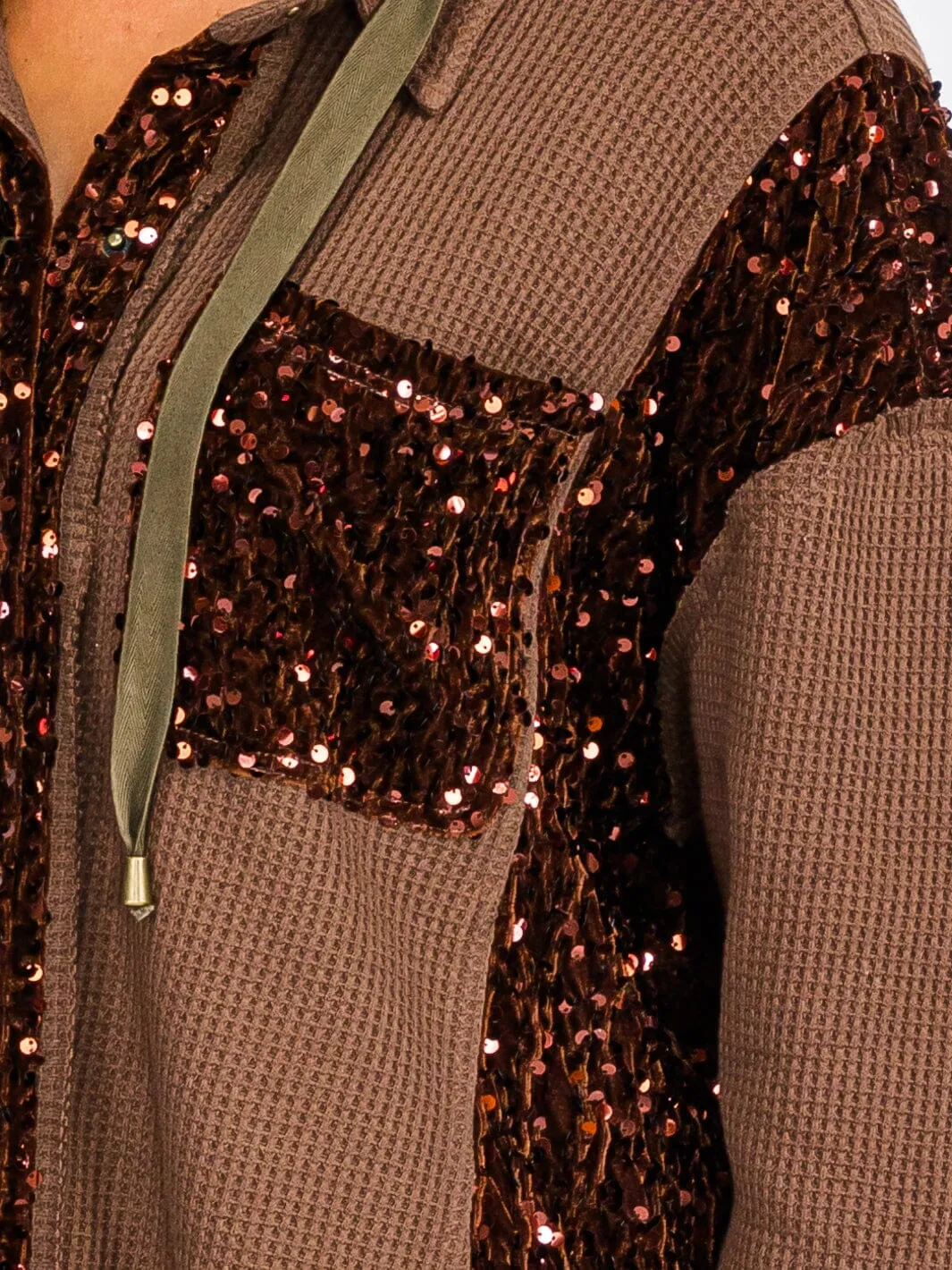 WOMEN'S LONG SLEEVE BUTTON UP POCKETS  SEQUINS CONTRAST HOODED SWEATER