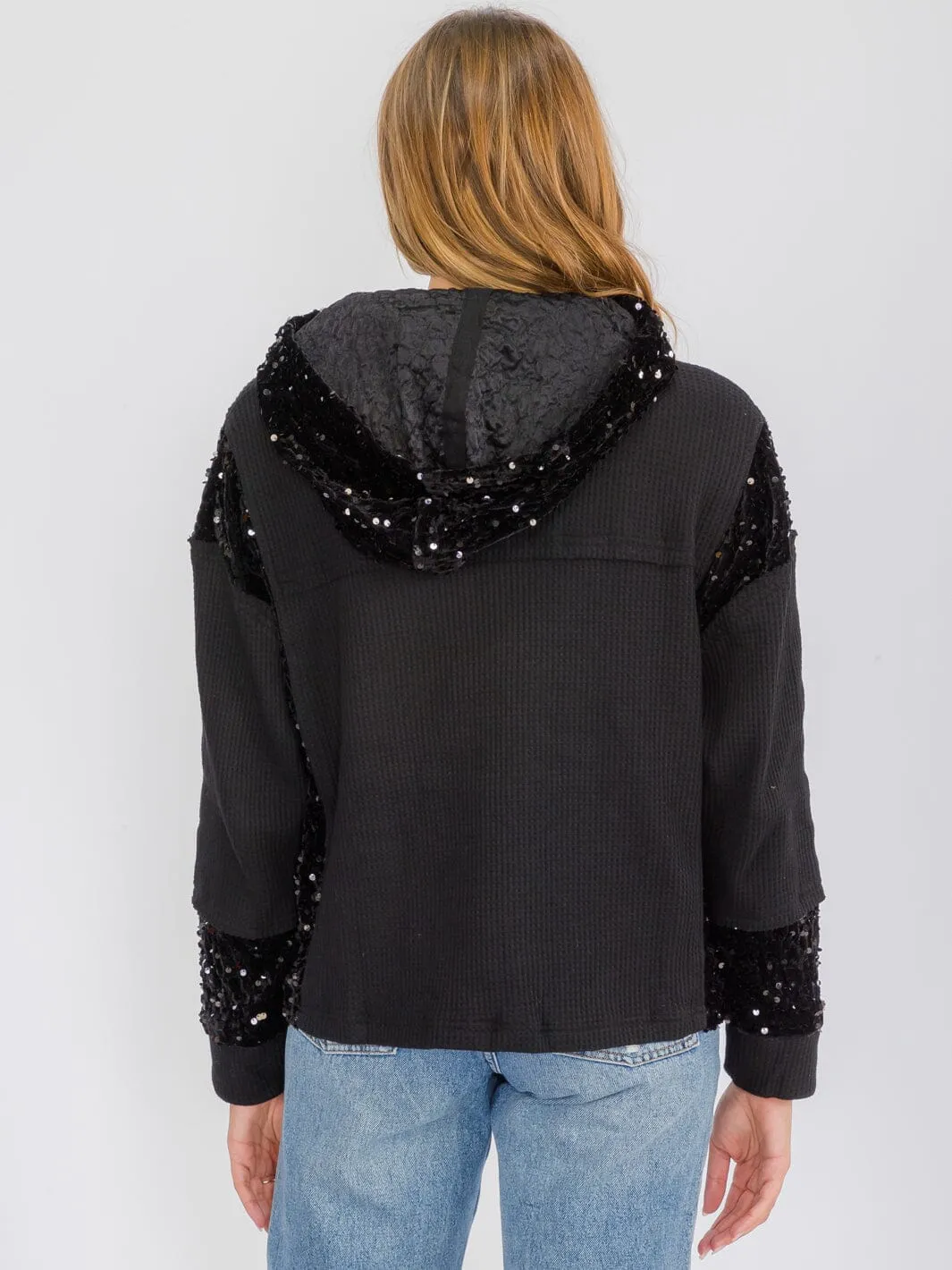 WOMEN'S LONG SLEEVE BUTTON UP POCKETS  SEQUINS CONTRAST HOODED SWEATER