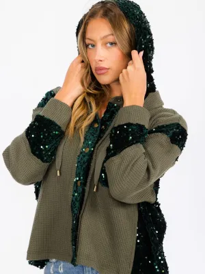 WOMEN'S LONG SLEEVE BUTTON UP POCKETS  SEQUINS CONTRAST HOODED SWEATER