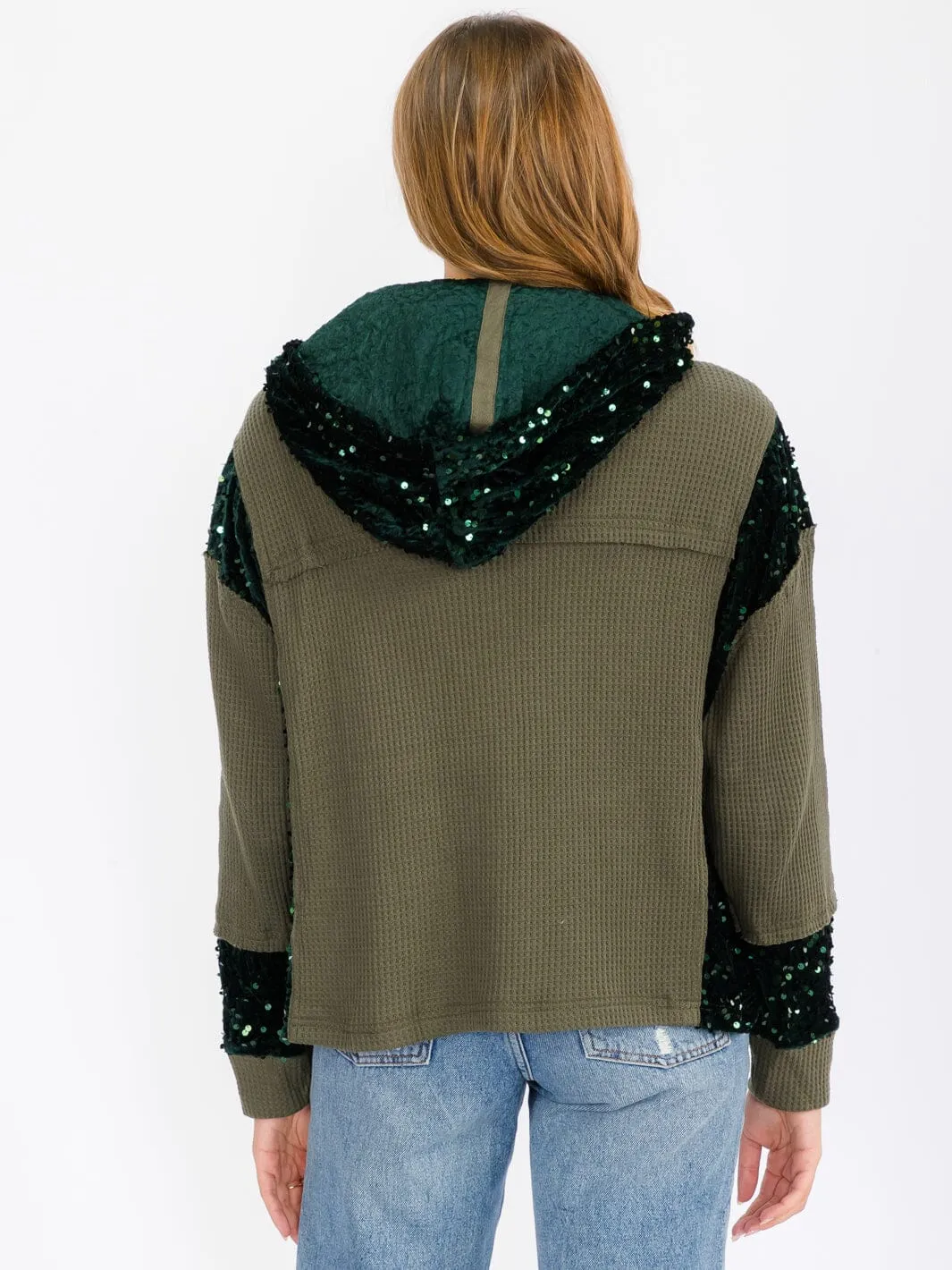 WOMEN'S LONG SLEEVE BUTTON UP POCKETS  SEQUINS CONTRAST HOODED SWEATER