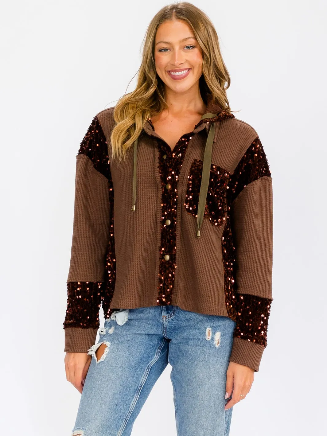 WOMEN'S LONG SLEEVE BUTTON UP POCKETS  SEQUINS CONTRAST HOODED SWEATER
