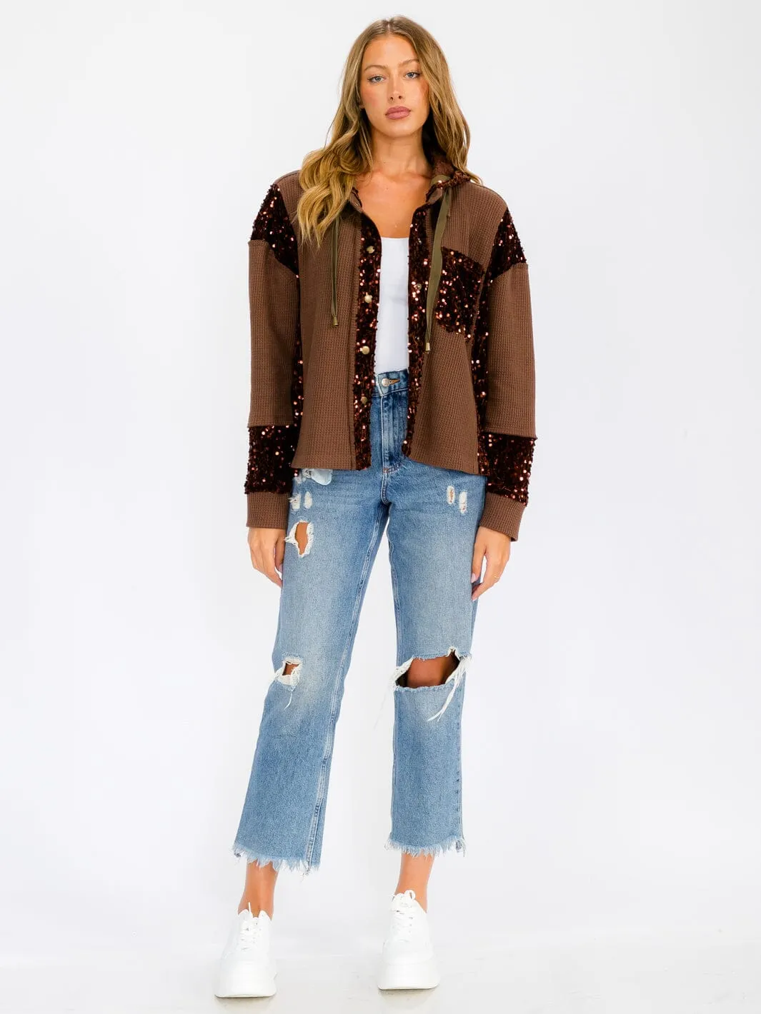 WOMEN'S LONG SLEEVE BUTTON UP POCKETS  SEQUINS CONTRAST HOODED SWEATER