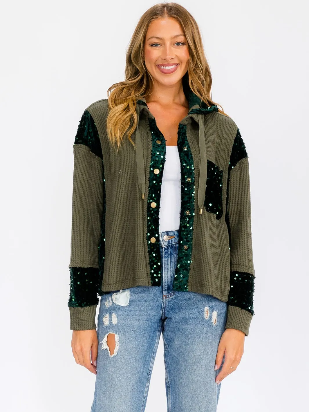 WOMEN'S LONG SLEEVE BUTTON UP POCKETS  SEQUINS CONTRAST HOODED SWEATER