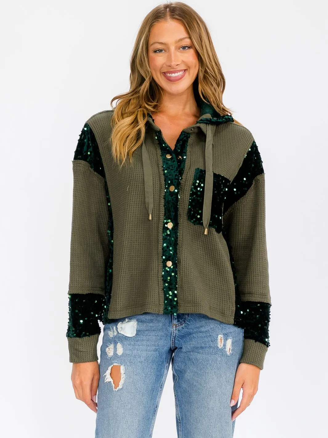 WOMEN'S LONG SLEEVE BUTTON UP POCKETS  SEQUINS CONTRAST HOODED SWEATER