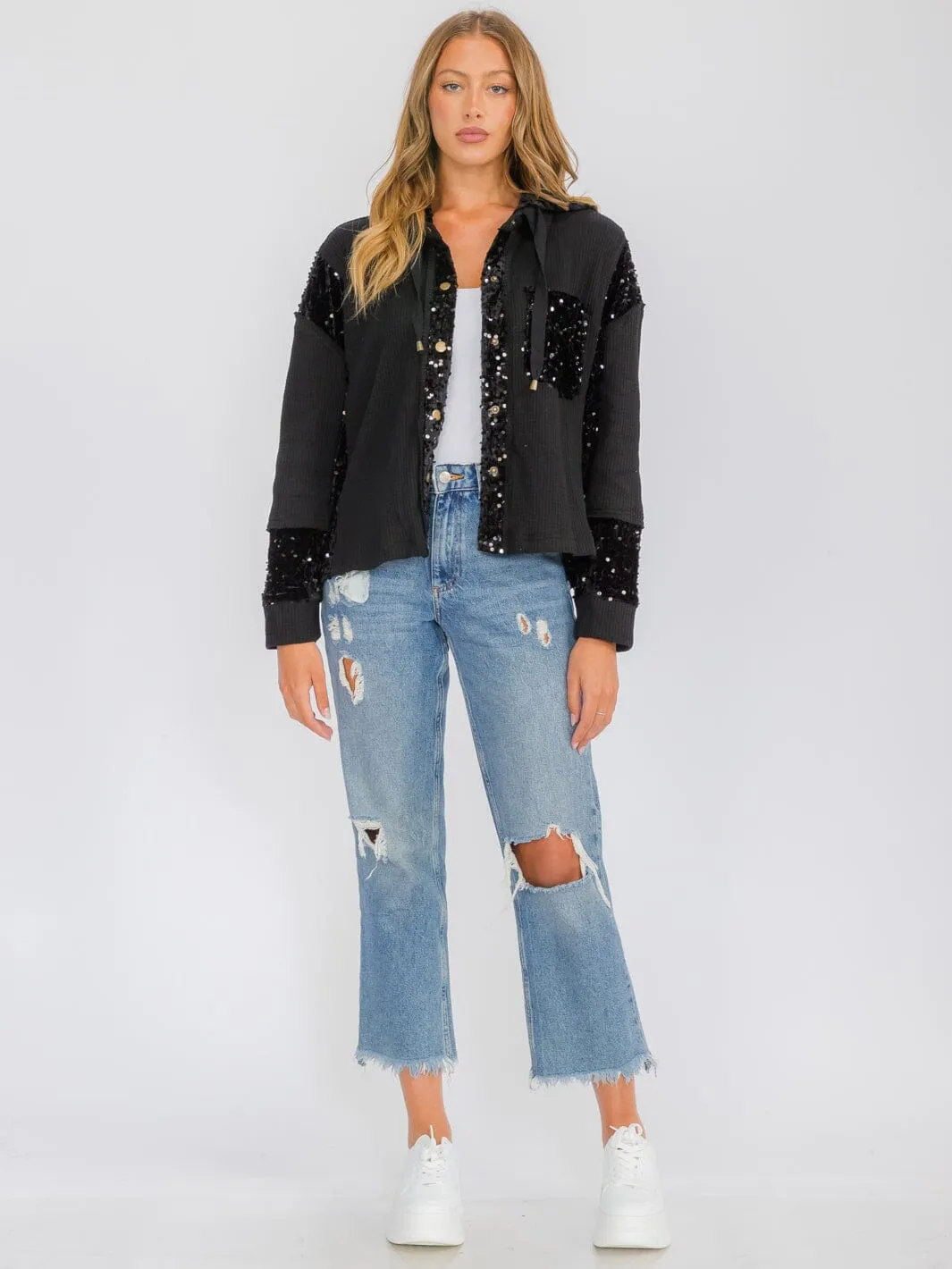 WOMEN'S LONG SLEEVE BUTTON UP POCKETS  SEQUINS CONTRAST HOODED SWEATER