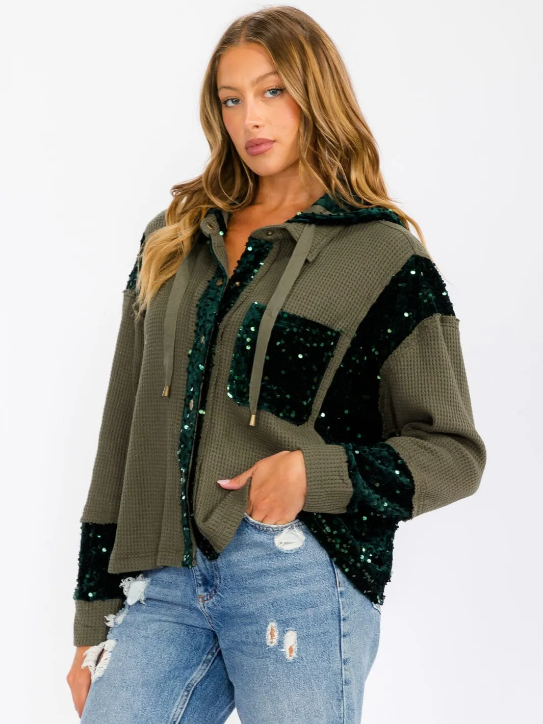 WOMEN'S LONG SLEEVE BUTTON UP POCKETS  SEQUINS CONTRAST HOODED SWEATER