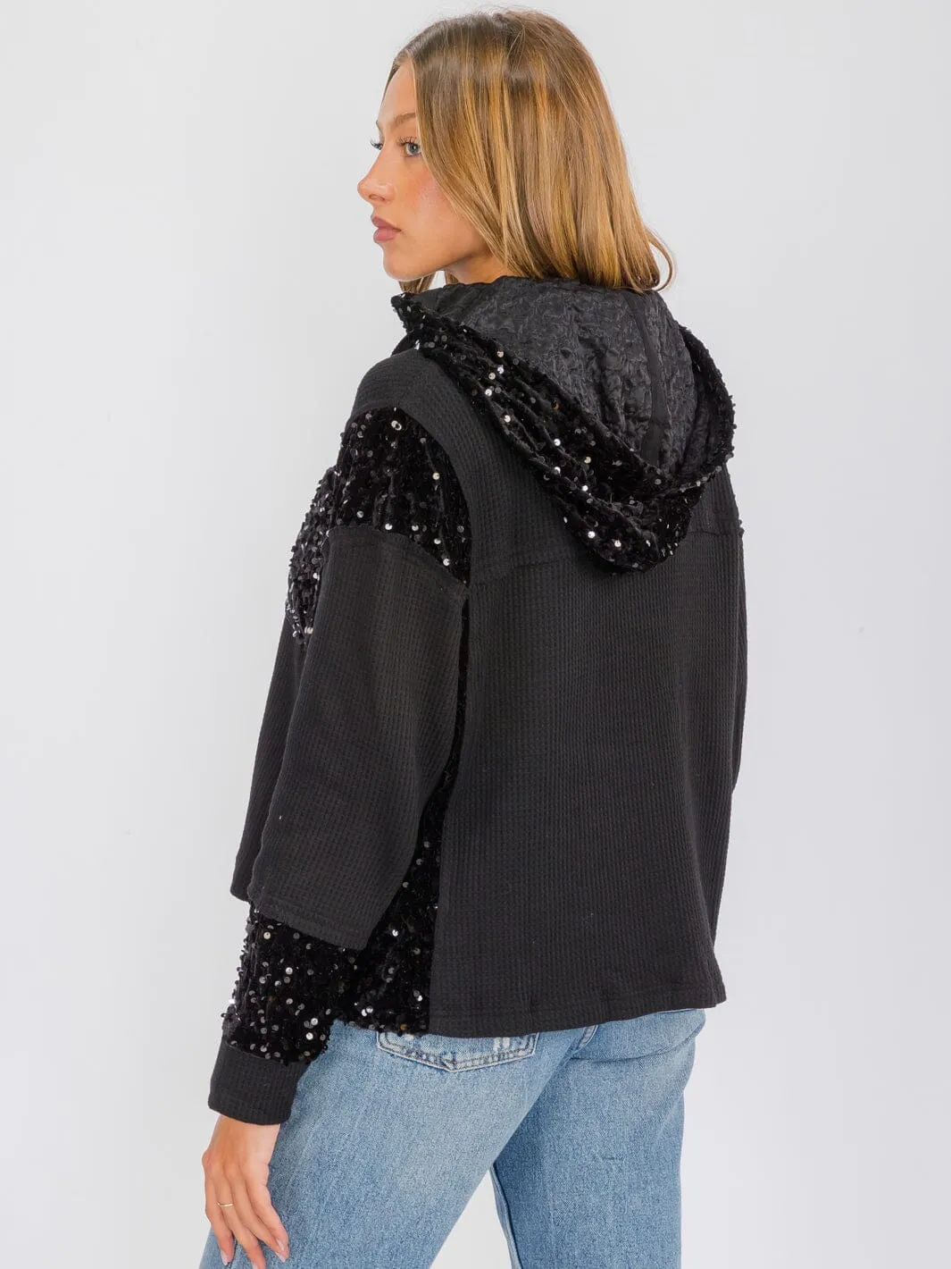 WOMEN'S LONG SLEEVE BUTTON UP POCKETS  SEQUINS CONTRAST HOODED SWEATER