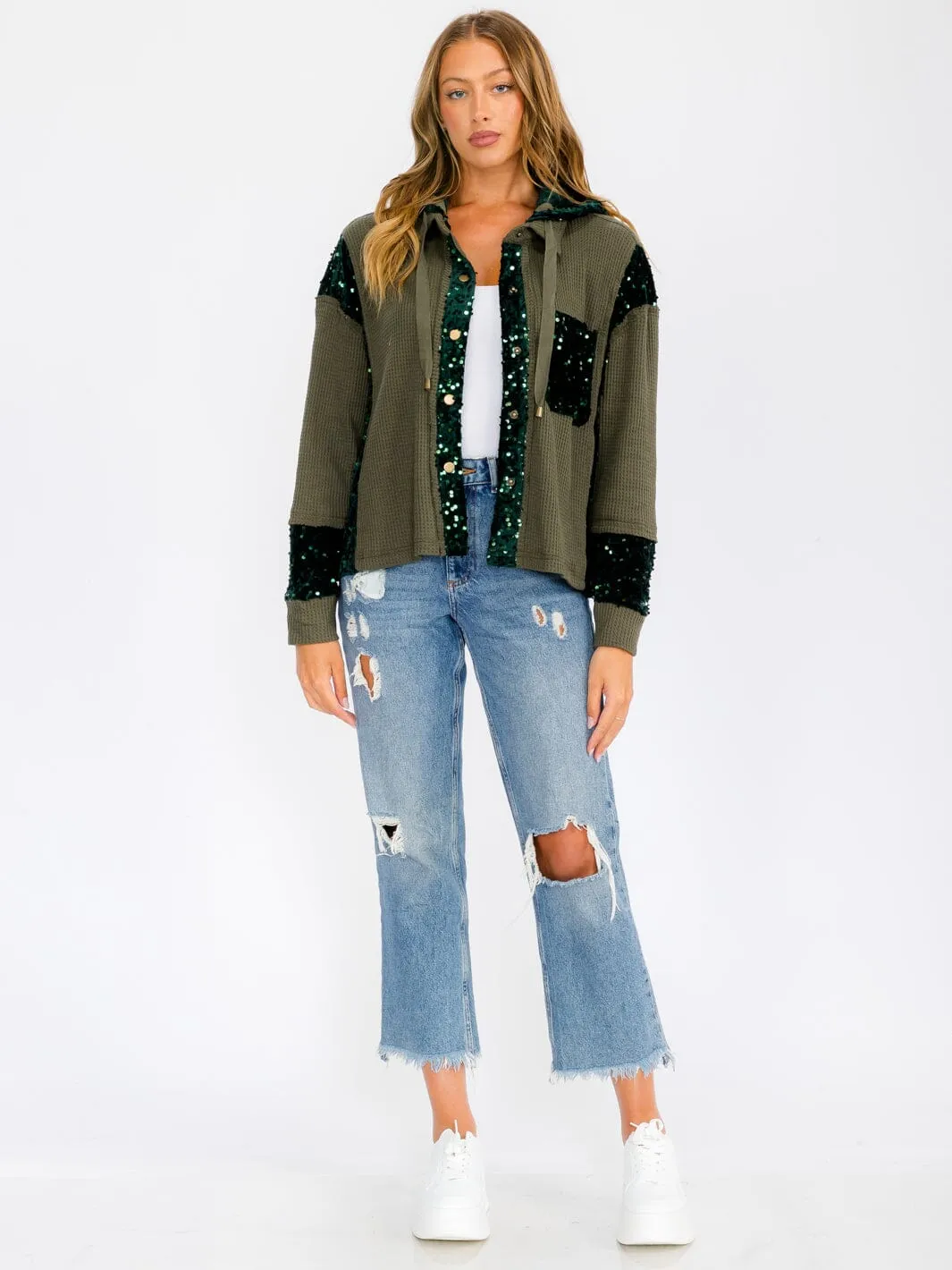 WOMEN'S LONG SLEEVE BUTTON UP POCKETS  SEQUINS CONTRAST HOODED SWEATER