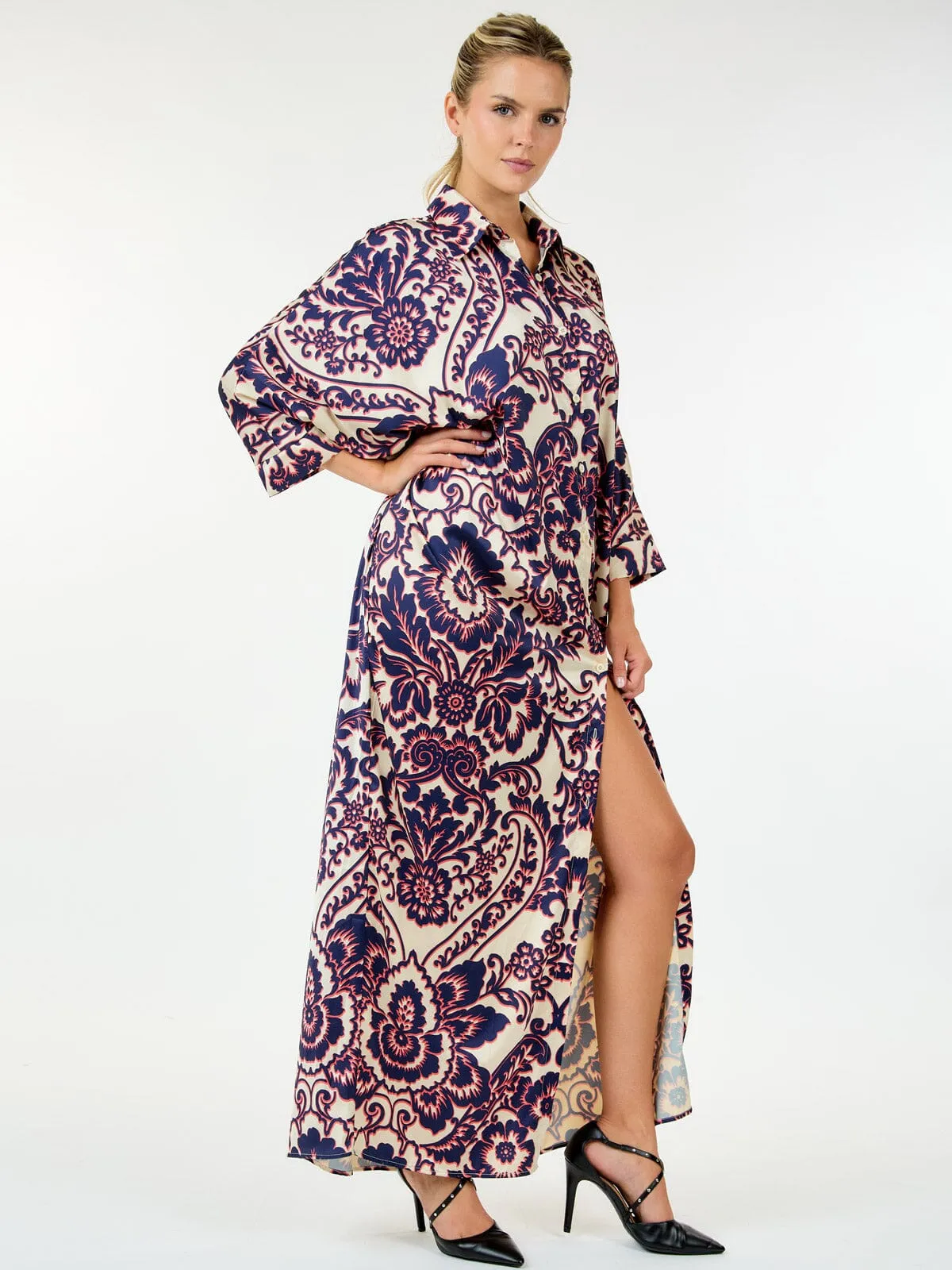 WOMEN'S LONG SLEEVE BUTTON UP TUNIC MULTI PPRINT MAXI DRESS