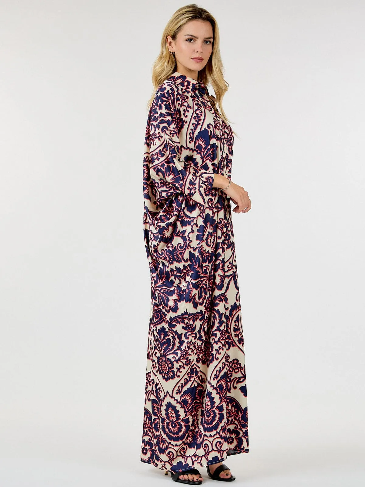 WOMEN'S LONG SLEEVE BUTTON UP TUNIC MULTI PPRINT MAXI DRESS