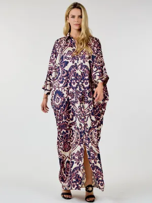 WOMEN'S LONG SLEEVE BUTTON UP TUNIC MULTI PPRINT MAXI DRESS