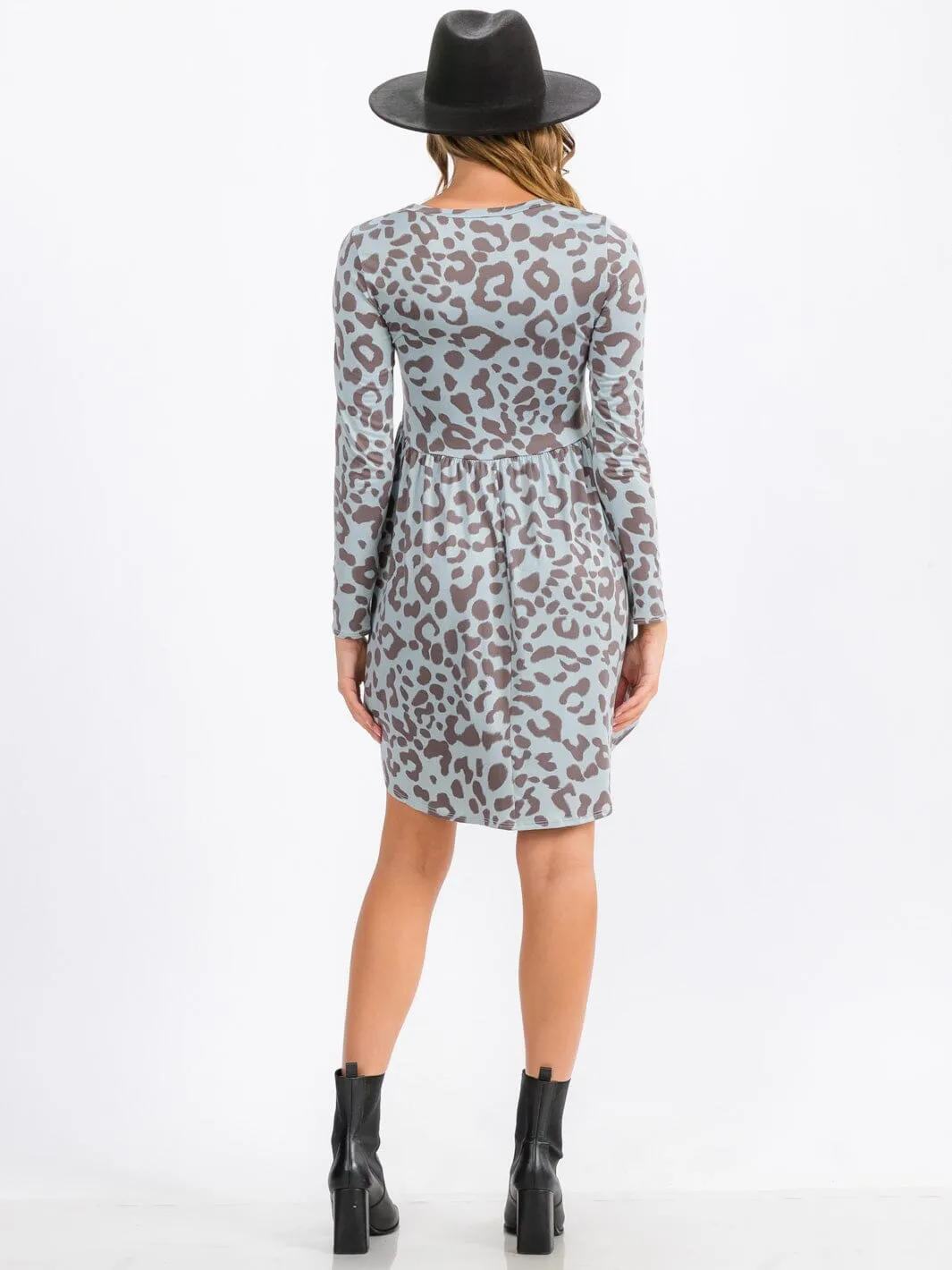 WOMEN'S LONG SLEEVE ELASTIC WAIST FRONT POCKETS ANIMAL PRINT MINI DRESS