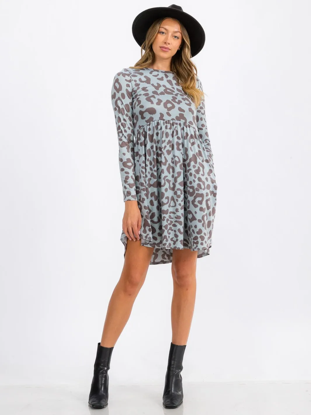 WOMEN'S LONG SLEEVE ELASTIC WAIST FRONT POCKETS ANIMAL PRINT MINI DRESS