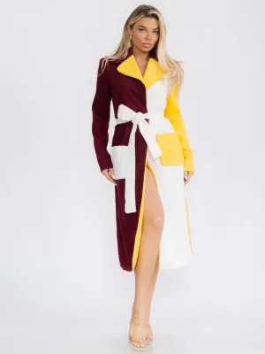 WOMEN'S LONG SLEEVE FRON POCKETS SELF TIE COAT