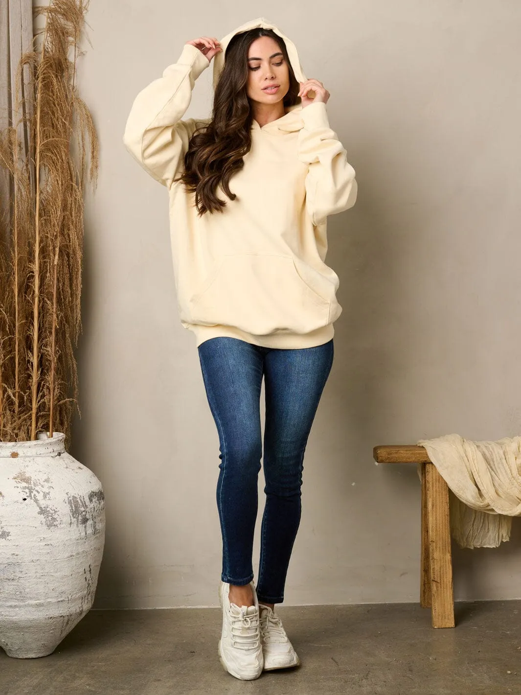 WOMEN'S LONG SLEEVE FRONT POCKETS PULLOVER HOODED SWEATER