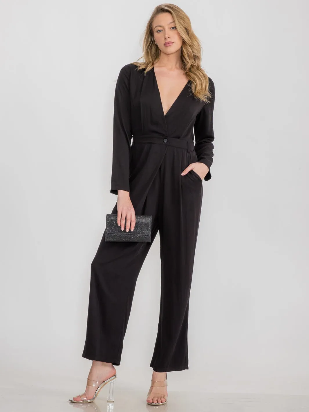 WOMEN'S LONG SLEEVE FRONT POCKETS V-NECK WIDE LEG JUMPSUIT